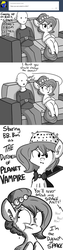 Size: 806x3224 | Tagged: safe, artist:tjpones, oc, oc only, oc:brownie bun, oc:richard, vampire, horse wife, ask, cape, clothes, embarrassed, fangs, monochrome, movie, nervous, old shame, sweat, tumblr