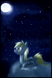 Size: 672x997 | Tagged: safe, artist:miniyuna, derpy hooves, pegasus, pony, g4, cloud, female, looking up, lying down, lying on a cloud, mare, moon, night, night sky, on a cloud, sky, solo, stars