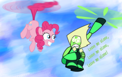 Size: 831x528 | Tagged: safe, artist:changeling #209458, pinkie pie, earth pony, gem (race), pony, g4, crossover, duo, duo female, female, gem, limb enhancers, mare, pericopter, peridot, peridot (steven universe), pinkie being pinkie, pinkie physics, pinkiecopter, steven universe, tailcopter