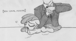 Size: 1023x556 | Tagged: safe, artist:lockerobster, apple bloom, oc, oc:anon, earth pony, pony, g4, black and white, descriptive noise, female, filly, grayscale, heart, massage, massage table, meme, moaning, moaning in pleasure, monochrome, traditional art