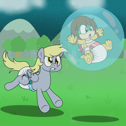 Size: 1500x1500 | Tagged: safe, artist:fillyscoots42, derpy hooves, oc, koopa, pegasus, pony, g4, art trade, baby, bubble, crossover, diaper, diaper fetish, female, hair, mare, nintendo, non-baby in diaper, poofy diaper, super mario bros.