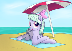 Size: 1608x1133 | Tagged: safe, artist:bluemeganium, flitter, pony, g4, beach, female, looking at you, prone, solo
