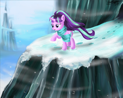 Size: 1343x1075 | Tagged: safe, artist:marcylin1023, starlight glimmer, pony, unicorn, g4, cliff, clothes, female, mountain, s5 starlight, scarf, snow, snowfall, solo