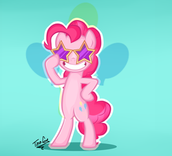 Size: 1280x1164 | Tagged: safe, artist:tina-de-love, pinkie pie, earth pony, pony, g4, bipedal, female, glasses, grin, smiling, solo, star glasses, sunglasses, tumblr