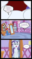 Size: 667x1198 | Tagged: safe, artist:bigsnusnu, rarity, pony, unicorn, comic:a rare-rarity day, g4, blue eyes, comic, drama queen, exclamation point, eyelashes, eyeshadow, female, first person view, makeup, mare, mirror, oh crap, open mouth, panic, pov, purple hair, purple mane, reflection, rule 63, running, shocked, solo, uh oh, vector, white coat
