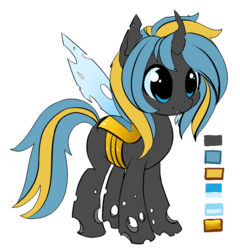 Size: 3049x3172 | Tagged: safe, artist:starshinebeast, oc, oc only, oc:echo, changeling, cute, cuteling, equestria2101, female, high res, palette, reference sheet, simple background, solo, white background, yellow changeling