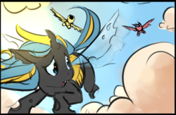 Size: 1050x684 | Tagged: safe, artist:starshinebeast, oc, oc only, oc:echo, changeling, pegasus, pony, blue changeling, chase, double colored changeling, equestria2101, female, flying, pursuit, yellow changeling