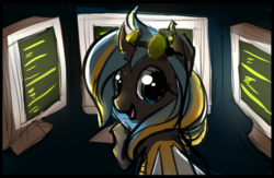Size: 1058x689 | Tagged: safe, artist:starshinebeast, oc, oc only, oc:echo, changeling, blue changeling, computers, double colored changeling, equestria2101, female, screens, solo, yellow changeling