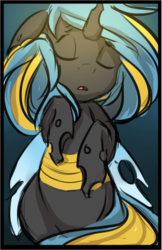Size: 697x1074 | Tagged: safe, artist:starshinebeast, oc, oc only, oc:echo, changeling, :o, blue changeling, cute, double colored changeling, equestria2101, eyes closed, female, on back, open mouth, sleeping, solo, yellow changeling