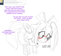 Size: 1280x1176 | Tagged: safe, artist:arkiiwarki, rarity, rumble, oc, ask trap-rumble, g4, alternate hairstyle, ask, blushing, bow, bracelet, choker, clothes, crossdressing, crying, dialogue, dress, eyelashes, foal, hair bow, implied rarity, makeup, male, simple background, snot, stockings, trap, tumblr, white background
