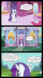 Size: 667x1198 | Tagged: safe, artist:bigsnusnu, opalescence, rarity, cat, pony, unicorn, comic:a rare-rarity day, g4, carousel boutique, comic, female, floppy ears, mare, open mouth, solo, speech bubble