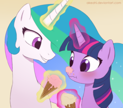 Size: 900x791 | Tagged: safe, artist:akeahi, princess celestia, twilight sparkle, pony, g4, :t, blushing, bust, cross-eyed, cute, duo, female, glowing, glowing horn, grin, horn, ice cream, ice cream cone, ice cream on nose, lesbian, looking at someone, looking at something, magic, mare, messy, scrunchy face, ship:twilestia, shipping, simple background, smiling, telekinesis, wavy mouth