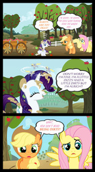 Size: 667x1198 | Tagged: safe, artist:bigsnusnu, applejack, derpy hooves, fluttershy, rarity, earth pony, pegasus, pony, unicorn, comic:a rare-rarity day, g4, accident, background pony, comic, confused, crash, dirty, dizzy, female, injured, lesbian, mud, out of character, raised hoof, ship:appleshy, shipping, vector
