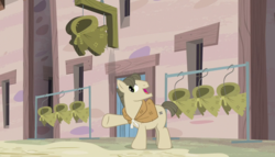 Size: 640x366 | Tagged: safe, screencap, tailor made, earth pony, pony, g4, the cutie map, background pony, burlap, cloak, clothes, equal cutie mark, equalized mane, our town, shopkeeper, solo