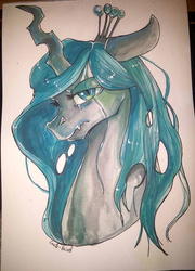 Size: 667x927 | Tagged: safe, artist:corelle-vairel, queen chrysalis, changeling, changeling queen, g4, crown, female, jewelry, looking at you, regalia, sad, solo, traditional art