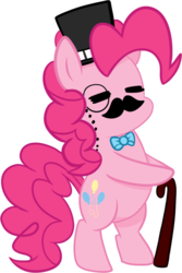 Size: 600x900 | Tagged: safe, artist:xwhitedreamsx, pinkie pie, pony, g4, bipedal, bowtie, cane, classy, eyebrows, hat, like a sir, monocle, moustache, simple background, top hat, transparent background