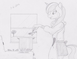 Size: 3035x2343 | Tagged: safe, artist:ponysubmarine, princess cadance, shining armor, anthro, g4, apron, clothes, cooking pot, female, fire, high res, imminent death, male, micro, monochrome, request, sketch, traditional art, tree