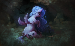 Size: 3116x1914 | Tagged: safe, artist:sharpieboss, princess luna, g4, bear trap, caught, crying, female, solo, younger
