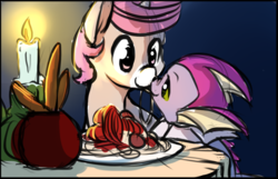 Size: 1048x676 | Tagged: safe, artist:starshinebeast, oc, oc:intrepid charm, oc:trail, pony, unicorn, vaporeon, bolognese, bread sticks, candle, candlelight, female, interspecies, kissing, lady and the tramp, male, pokémon, straight