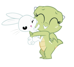Size: 800x724 | Tagged: safe, artist:queencold, angel bunny, oc, oc:jade (queencold), dragon, rabbit, g4, baby dragon, dragon oc, dragoness, duo, hug, simple background, transparent background