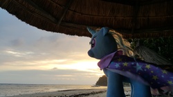 Size: 5312x2988 | Tagged: safe, trixie, pony, unicorn, g4, beach, boat, build-a-bear, female, mare, ponies around the world, sunset