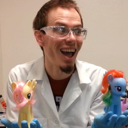 Size: 618x618 | Tagged: safe, fluttershy, rainbow dash, human, pegasus, pony, g4, clothes, figurine, gloves, irl, irl human, lab coat, male, photo, safety goggles, science