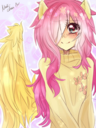 Size: 720x960 | Tagged: safe, artist:nadi-chan, fluttershy, human, g4, anime, clothes, eared humanization, female, hair over one eye, humanized, smiling, solo, sweatershy, winged humanization