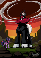 Size: 955x1351 | Tagged: safe, artist:mysticalpha, lord tirek, twilight sparkle, alicorn, centaur, pony, g4, butt, crossed arms, female, looking up, mare, plot, twilight sparkle (alicorn), twilight vs tirek