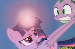 Size: 863x564 | Tagged: safe, screencap, spike, twilight sparkle, dragon, pony, unicorn, g4, season 3, the crystal empire, butt touch, cropped, duo, female, flank, glowing horn, hand on butt, horn, light spell, low quality, male, mare, open mouth, out of context, unicorn twilight