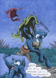 Size: 850x1186 | Tagged: dead source, safe, artist:chocolatechilla, princess luna, were-pony, g4, backpack, body horror, comic, dialogue, fear, human to pony, male to female, mid-transformation, night, ripping clothes, rule 63, speech bubble, traditional art, transformation, transformation sequence, transgender transformation, wings