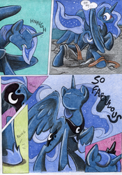 Size: 850x1212 | Tagged: dead source, safe, artist:chocolatechilla, princess luna, were-pony, g4, comic, crown, cutie mark magic, dialogue, fabulous, horn, human to pony, male to female, night, ripped pants, rule 63, speech bubble, traditional art, transformation, transformation sequence, transgender transformation