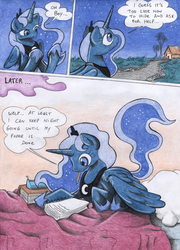 Size: 850x1183 | Tagged: dead source, safe, artist:chocolatechilla, princess luna, were-pony, g4, bed, comic, dialogue, homework, human to pony, later, male to female, mundane utility, night, pencil, rule 63, skewed priorities, speech bubble, studying, traditional art, transformation, transformation sequence, transgender transformation