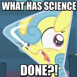 Size: 350x350 | Tagged: safe, edit, edited screencap, screencap, lemon hearts, amending fences, g4, aqua teen hunger force, doctor weird, dr. weird, erlenmeyer flask, female, flaskhead hearts, horrified, image macro, meme, reaction image, solo, stuck, what has science done