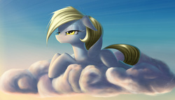 Size: 1944x1111 | Tagged: safe, artist:zigword, derpy hooves, pegasus, pony, g4, cloud, female, mare, morning ponies, solo