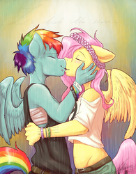 Size: 1968x2517 | Tagged: safe, artist:keen6, fluttershy, rainbow dash, pegasus, anthro, g4, clothes, duo, eyes closed, female, kiss on the lips, kissing, lesbian, mare, midriff, piercing, rain, ship:flutterdash, shipping, smiling, tattoo, wet, wet clothes