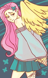 Size: 1200x1920 | Tagged: safe, artist:alisunki, fluttershy, human, g4, barrette, blue sweater, clothes, digital art, female, gray sweater, green skirt, hair accessory, hair ornament, hands behind back, human female, humanized, light skin, looking back, off shoulder, off shoulder sweater, solo, sweater, sweatershy, winged humanization