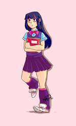 Size: 942x1565 | Tagged: safe, artist:alisunki, twilight sparkle, human, g4, bowtie, clothes, converse, equestria girls outfit, female, humanized, leg warmers, miniskirt, pink background, school uniform, schoolgirl, shoes, simple background, skirt, sneakers, socks, solo, sweater vest, vest
