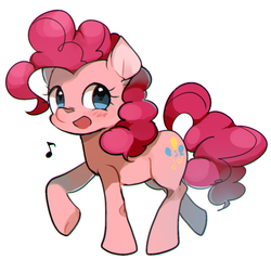 Size: 626x600 | Tagged: safe, artist:aoringo, pinkie pie, pony, g4, blushing, cute, diapinkes, female, music notes, open mouth, pixiv, simple background, smiling pinkie pie tolts left, solo, white background