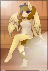 Size: 1050x1550 | Tagged: safe, artist:php41, derpibooru exclusive, oc, oc only, oc:hyun-mi, anthro, plantigrade anthro, barefoot, breasts, feet, female, looking at you, naked towel, sauna, smiling, solo, spread wings, towel