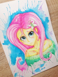 Size: 2448x3264 | Tagged: safe, artist:yellowrobin, fluttershy, equestria girls, g4, clothes, female, high res, off shoulder, solo, traditional art, watercolor painting