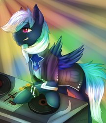 Size: 2000x2318 | Tagged: safe, artist:lu-kurio, oc, oc only, oc:noxy, pegasus, pony, clothes, disc, dog tags, fangs, grin, happy, high res, jacket, male, music, party, smiling, solo, sweatband, wings, wristband