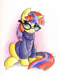 Size: 1600x2118 | Tagged: safe, artist:malimarthemage, moondancer, pony, unicorn, amending fences, g4, clothes, cute, dancerbetes, female, glasses, mare, sitting, smiling, solo, sweater, traditional art