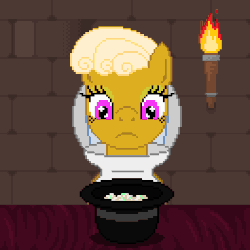 Size: 396x396 | Tagged: safe, artist:herooftime1000, oc, oc only, oc:haute cuisine, earth pony, pony, octavia in the underworld's cello, animated, beekeeper, blinking, chewing, cutscene, dungeon, eating, fan game, fork, frown, hat, hoof hold, one eye closed, pixel art, potato salad, solo, wide eyes