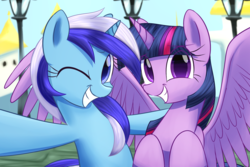 Size: 1500x1000 | Tagged: safe, artist:acersiii, minuette, twilight sparkle, alicorn, pony, unicorn, amending fences, g4, colored pupils, cute, duo, female, grin, hoof hold, looking at you, mare, minubetes, one eye closed, scene interpretation, selfie, smiling, spread wings, twiabetes, twilight sparkle (alicorn), wings, wink