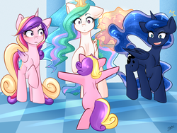 Size: 1280x960 | Tagged: safe, artist:sugarberry, princess cadance, princess celestia, princess luna, princess skyla, alicorn, pony, unicorn, g4, alternate design, ask-cadance, bipedal, clothes, dress, jurassic world, levitation, magic, offspring, open mouth, parent:princess cadance, parent:shining armor, parents:shiningcadance, prattkeeping, raised hoof, species swap, telekinesis, wide eyes