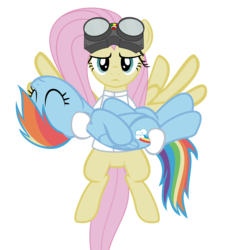 Size: 5400x6000 | Tagged: safe, artist:magister39, fluttershy, rainbow dash, g4, absurd resolution, backwards cutie mark, carrying, clothes, costume, doctor horrible, dr adorable, dr. horrible's sing-along blog, duo, eyes closed, flying, frown, goggles, reference, simple background, transparent background