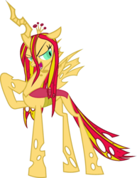 Size: 786x1016 | Tagged: safe, artist:blah23z, queen chrysalis, sunset shimmer, changeling, changeling queen, pony, g4, changelingified, female, palette swap, recolor, simple background, solo, species swap