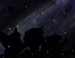 Size: 3300x2550 | Tagged: safe, artist:liracrown, apple bloom, scootaloo, sweetie belle, g4, cutie mark crusaders, galaxy, high res, moon, silhouette, sky, space, stars