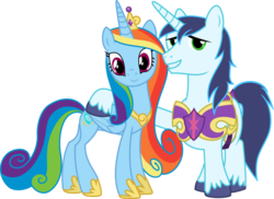 Size: 1024x744 | Tagged: safe, artist:blah23z, princess cadance, rainbow dash, shining armor, soarin', alicorn, pony, g4, concave belly, female, male, physique difference, race swap, rainbowcorn, recolor, ship:soarindash, shipping, simple background, slender, straight, thin