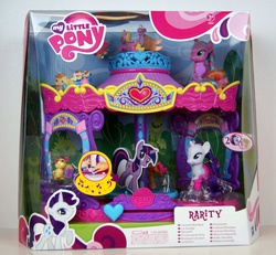 Size: 1500x1386 | Tagged: safe, rarity, sweetie swirl, g4, brushable, cardboard twilight, carousel boutique, female, irl, photo, playset, toy